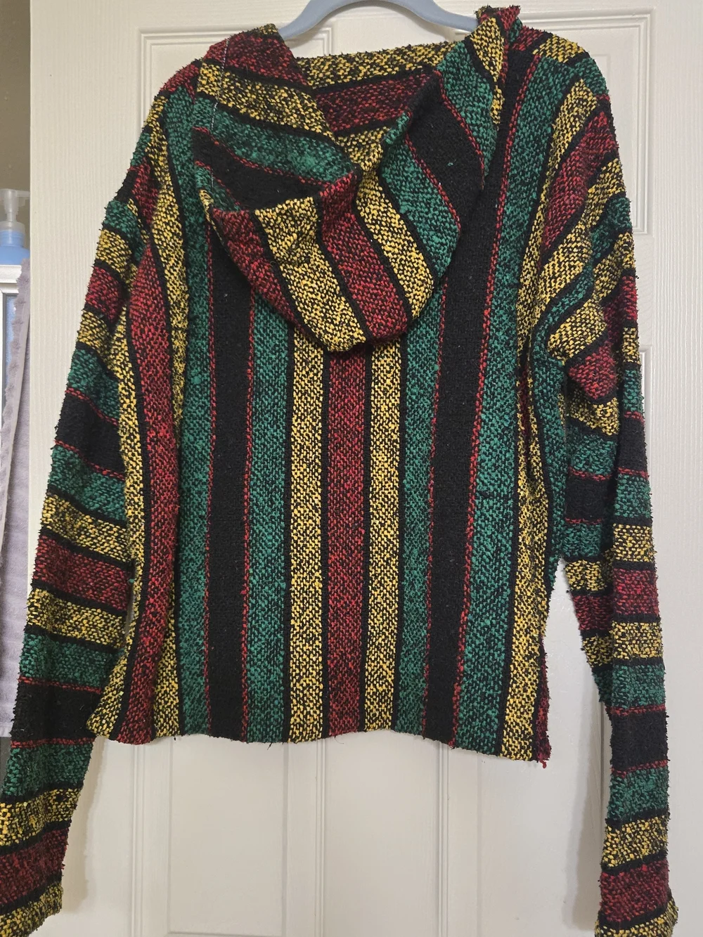 Men's Striped Hooded Poncho in Black, Green & Red Size Large